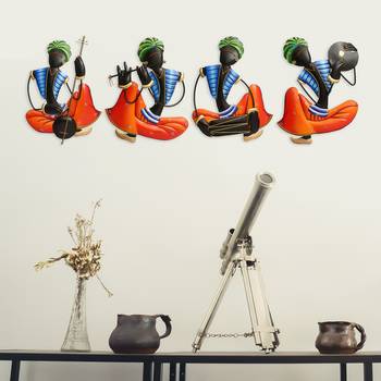 Set Of 4 Tribal Man Playing Different Musical Instruments Wall Hanging 1