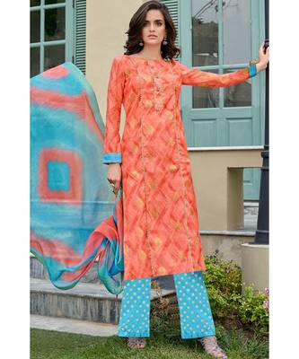 orange printed chanderi unstitched salwar with dupatta 1