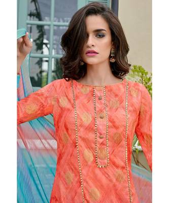 orange printed chanderi unstitched salwar with dupatta 2