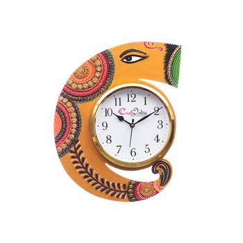 Handicraft Lord Ganesha Analog Wall Clock        (Yellow & Green, With Glass) 1