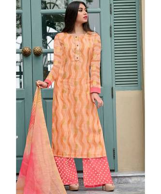 orange printed chanderi unstitched salwar with dupatta 1