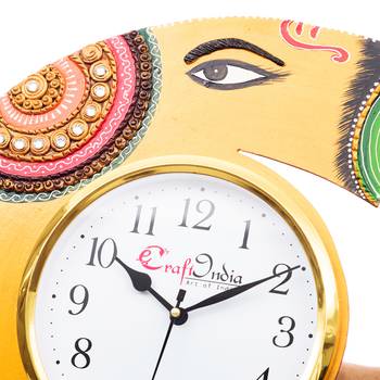 Handicraft Lord Ganesha Analog Wall Clock        (Yellow & Green, With Glass) 5