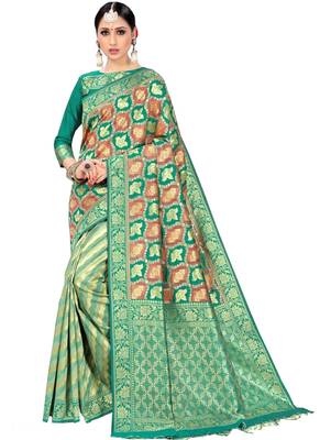Green Printed Silk Saree With Blouse 1