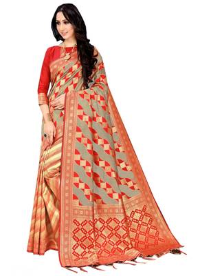 Red Printed Silk Saree With Blouse 1