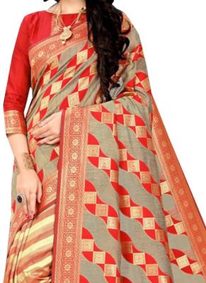 Red Printed Silk Saree With Blouse 2