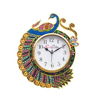 Handicraft Peacock Analog Wall Clock        (Yellow & Blue, With Glass) 1