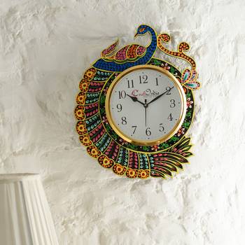 Handicraft Peacock Analog Wall Clock        (Yellow & Blue, With Glass) 2