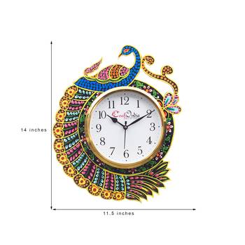 Handicraft Peacock Analog Wall Clock        (Yellow & Blue, With Glass) 3