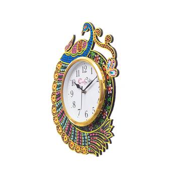 Handicraft Peacock Analog Wall Clock        (Yellow & Blue, With Glass) 4