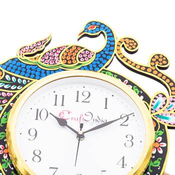 Handicraft Peacock Analog Wall Clock        (Yellow & Blue, With Glass) 5