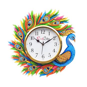 Handicraft Peacock Analog Wall Clock        (Yellow & Blue, With Glass) 1
