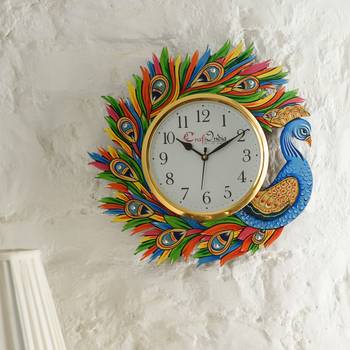 Handicraft Peacock Analog Wall Clock        (Yellow & Blue, With Glass) 2