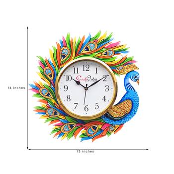 Handicraft Peacock Analog Wall Clock        (Yellow & Blue, With Glass) 3