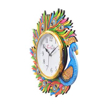 Handicraft Peacock Analog Wall Clock        (Yellow & Blue, With Glass) 4