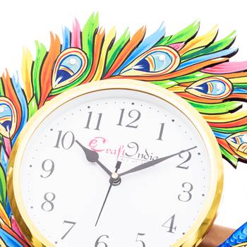 Handicraft Peacock Analog Wall Clock        (Yellow & Blue, With Glass) 5