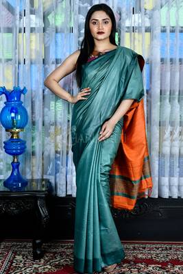 Teal woven viscose saree with blouse 1