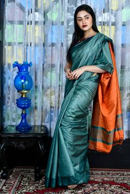 Teal woven viscose saree with blouse 2