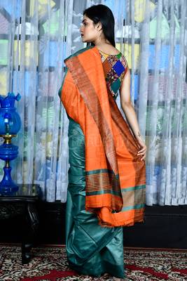 Teal woven viscose saree with blouse 3