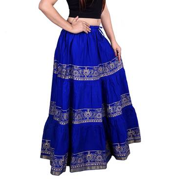 Blue Flared Cotton long Wmon's Skirt 3