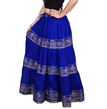 Blue Flared Cotton long Wmon's Skirt 4