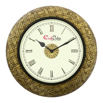 Analog Wooden Wall Clock with Metal Block Work(Golden|12*12inch) 1