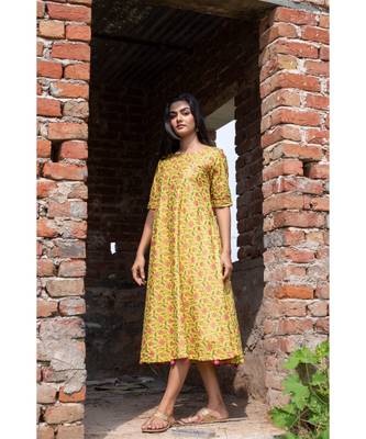 yellow woven cotton stitched dresses 1