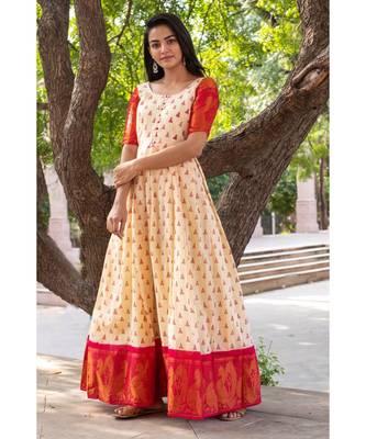 beige woven cotton stitched dresses 1