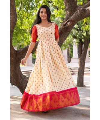 beige woven cotton stitched dresses 2