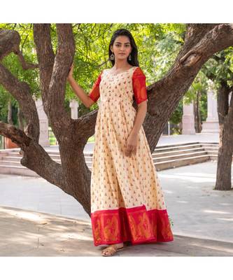 beige woven cotton stitched dresses 3