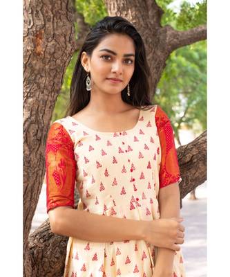 beige woven cotton stitched dresses 4