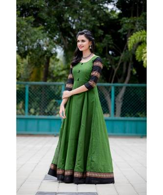 green woven cotton stitched dresses 3
