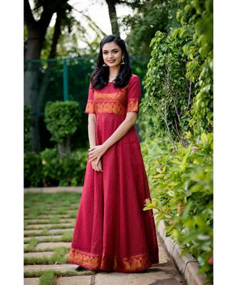 maroon woven cotton stitched dresses 1