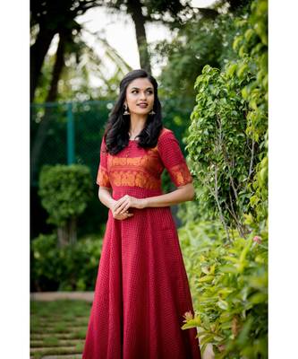 maroon woven cotton stitched dresses 4