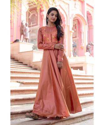 pink woven art silk stitched dresses 1