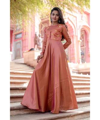 pink woven art silk stitched dresses 2