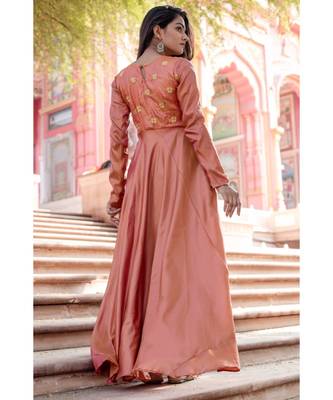 pink woven art silk stitched dresses 3