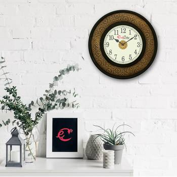 Analog Wooden Wall Clock with Metal Block Work(Golden|14*14inch) 2