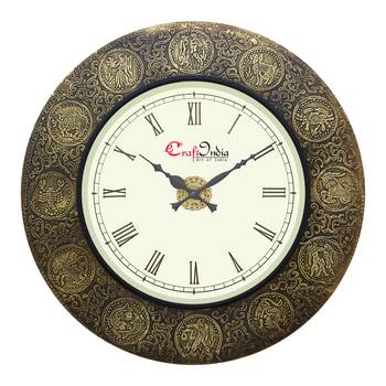 Analog Wooden Wall Clock with Metal Work with Zodiac Signs(Golden|18*18inch) 1