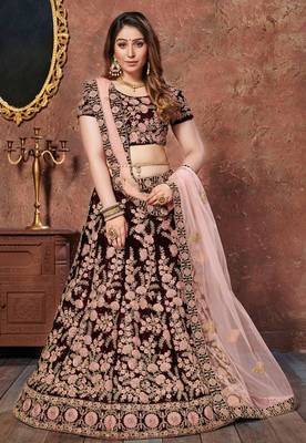 Maroon Thread, Dori, and Sequins Embroidered Velvet Fabric Lehenga choli for bridal 1