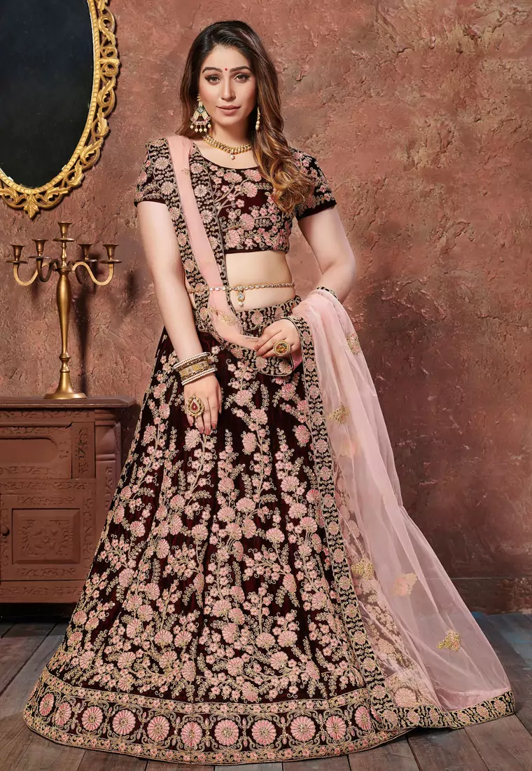Exquisite Maroon Thread, Dori & Sequins Embroidered Velvet Semi Stitched bridal lehenga