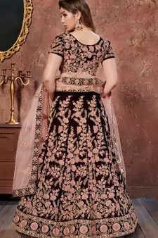 Maroon Thread, Dori, and Sequins Embroidered Velvet Fabric Lehenga choli for bridal