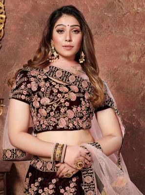 Maroon Thread, Dori, and Sequins Embroidered Velvet Fabric Lehenga choli for bridal 3