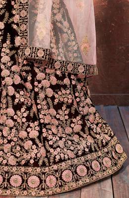 Maroon Thread, Dori, and Sequins Embroidered Velvet Fabric Lehenga choli for bridal 4