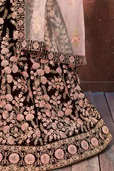 Maroon Thread, Dori, and Sequins Embroidered Velvet Fabric Lehenga choli for bridal