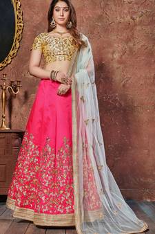 Engaging Pink Thread, Dori & Sequins Embroidered Silk Semi Stitched Party wear Lehenga