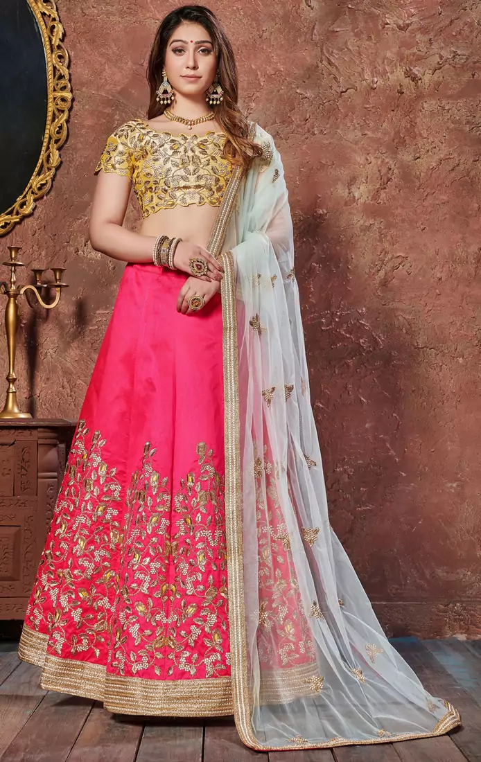 Engaging Pink Thread, Dori & Sequins Embroidered Silk Semi Stitched Party wear lehenga