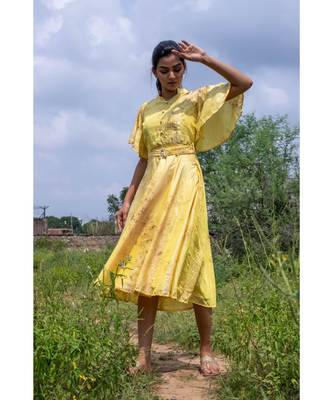 yellow woven art silk stitched dresses 3
