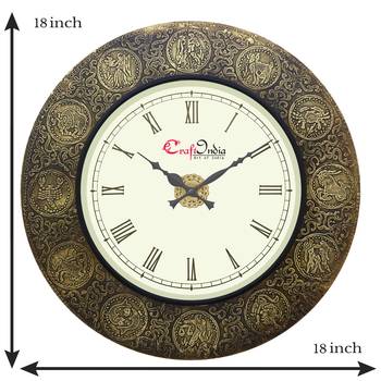 Analog Wooden Wall Clock with Metal Work with Zodiac Signs(Golden|18*18inch) 3
