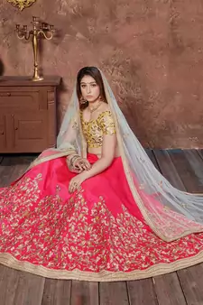 Engaging Pink Thread, Dori & Sequins Embroidered Silk Semi Stitched Party wear Lehenga