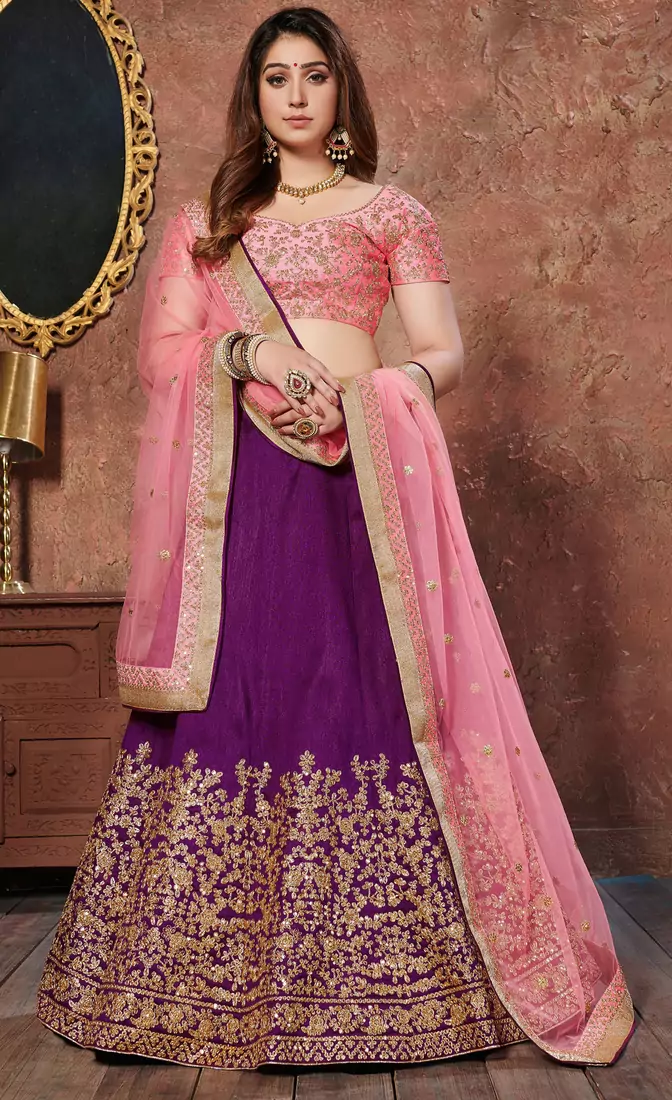Pleasant Purple Sequins Embroidered Silk Wedding & Party Wear Lehenga